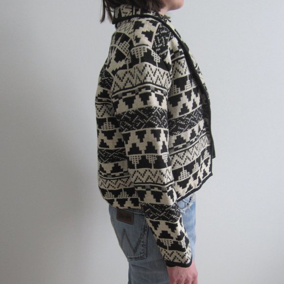 80s-90s Black & white woven jacquard crop jacket - Picture 2 of 4